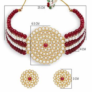 Gold Plated Pearl Diamond Maroon and White Kundan Choker Necklace with Round Earrings Traditional Jewellery Set 4