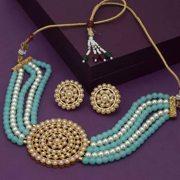 Gold Plated Pearl Diamond Blue and White Kundan Choker Necklace with Round Earrings Traditional Jewellery Set 1