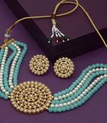 Gold Plated Pearl Diamond Blue and White Kundan Choker Necklace with Round Earrings Traditional Jewellery Set