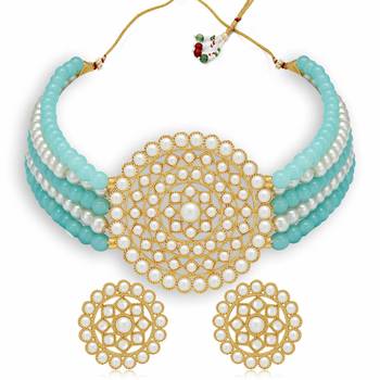 Gold Plated Pearl Diamond Blue and White Kundan Choker Necklace with Round Earrings Traditional Jewellery Set 2