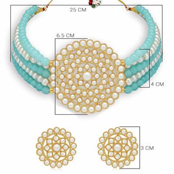 Gold Plated Pearl Diamond Blue and White Kundan Choker Necklace with Round Earrings Traditional Jewellery Set 4