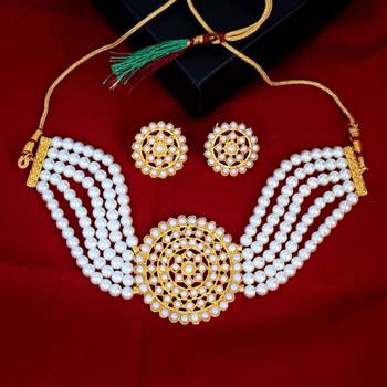 Gold Plated Pearl Diamond Blue and White Kundan Choker Necklace with Round Earrings Traditional Jewellery Set 1