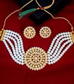Gold Plated Pearl Diamond Blue and White Kundan Choker Necklace with Round Earrings Traditional Jewellery Set