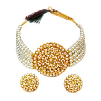 Gold Plated Pearl Diamond Blue and White Kundan Choker Necklace with Round Earrings Traditional Jewellery Set 2