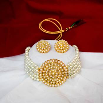 Gold Plated Pearl Diamond Blue and White Kundan Choker Necklace with Round Earrings Traditional Jewellery Set 4