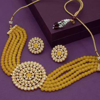 Gold Plated Pearl Diamond Yellow Kundan Choker Necklace with Round Earrings Traditional Jewellery Set 1