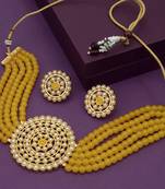 Gold Plated Pearl Diamond Yellow Kundan Choker Necklace with Round Earrings Traditional Jewellery Set