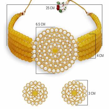 Gold Plated Pearl Diamond Yellow Kundan Choker Necklace with Round Earrings Traditional Jewellery Set 4