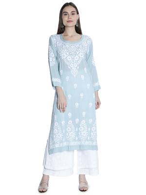 Seva Chikan Hand Embroidered Lucknawi Chikankari Dusty Blue Cotton Kurta For Women 1