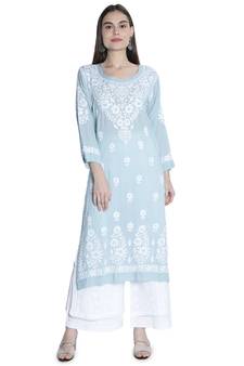 Seva Chikan Hand Embroidered Lucknawi Chikankari Dusty Blue Cotton Kurta For Women