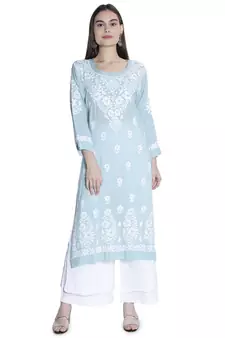 Seva Chikan Hand Embroidered Lucknawi Chikankari Dusty Blue Cotton Kurta For Women