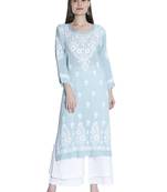 Seva Chikan Hand Embroidered Lucknawi Chikankari Dusty Blue Cotton Kurta For Women