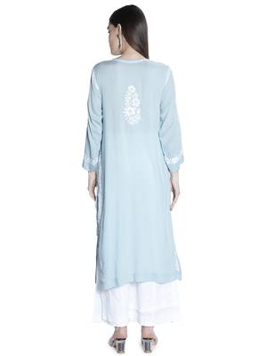 Seva Chikan Hand Embroidered Lucknawi Chikankari Dusty Blue Cotton Kurta For Women 2