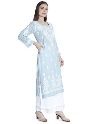 Seva Chikan Hand Embroidered Lucknawi Chikankari Dusty Blue Cotton Kurta For Women 3