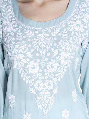 Seva Chikan Hand Embroidered Lucknawi Chikankari Dusty Blue Cotton Kurta For Women 4