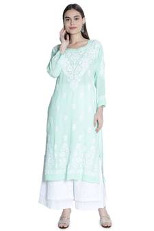 Seva Chikan Hand Embroidered Lucknawi Chikankari Sea Green Cotton Kurta For Women