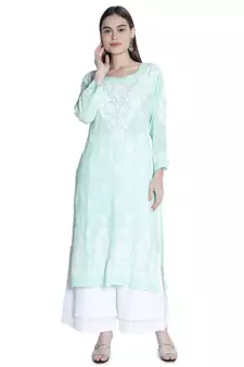 Seva Chikan Hand Embroidered Lucknawi Chikankari Sea Green Cotton Kurta For Women