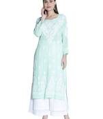 Seva Chikan Hand Embroidered Lucknawi Chikankari Sea Green Cotton Kurta For Women