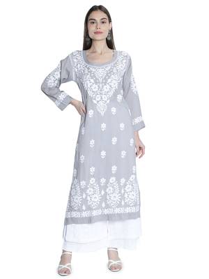 Hand Embroidered Lucknawi Chikankari Grey Cotton Kurta For Women 1