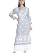 Hand Embroidered Lucknawi Chikankari Grey Cotton Kurta For Women