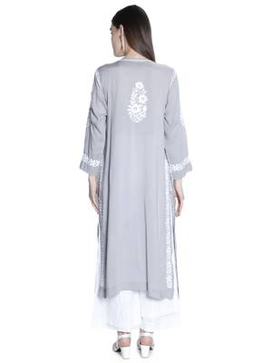 Hand Embroidered Lucknawi Chikankari Grey Cotton Kurta For Women 2