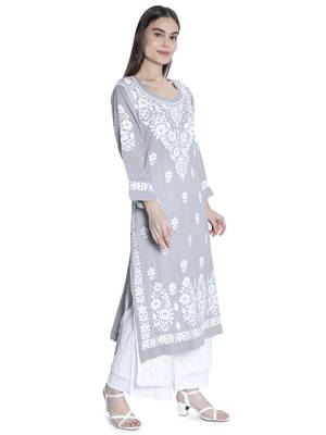 Hand Embroidered Lucknawi Chikankari Grey Cotton Kurta For Women 3