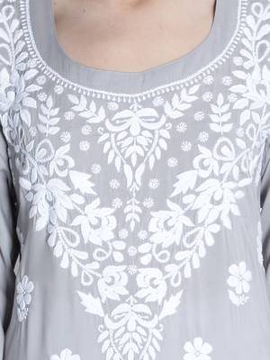 Hand Embroidered Lucknawi Chikankari Grey Cotton Kurta For Women 4