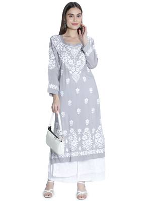 Hand Embroidered Lucknawi Chikankari Grey Cotton Kurta For Women 5