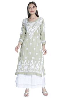 Seva Chikan Hand Embroidered Lucknawi Chikankari Mehendi Green Cotton Kurta For Women