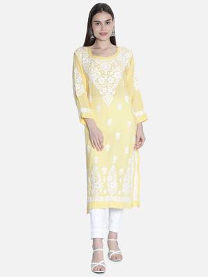 Seva Chikan Hand Embroidered Lucknawi Chikankari Yellow Cotton Kurta For Women 1