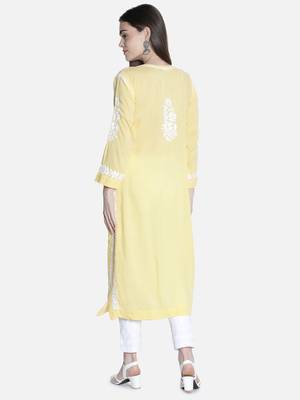 Seva Chikan Hand Embroidered Lucknawi Chikankari Yellow Cotton Kurta For Women 2