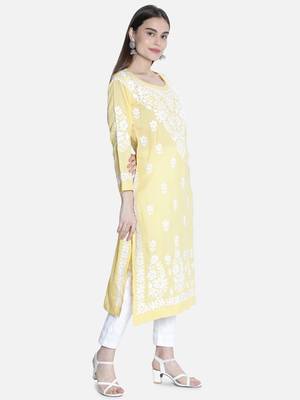 Seva Chikan Hand Embroidered Lucknawi Chikankari Yellow Cotton Kurta For Women 3