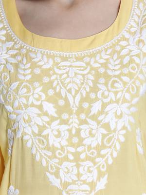 Seva Chikan Hand Embroidered Lucknawi Chikankari Yellow Cotton Kurta For Women 4