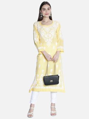 Seva Chikan Hand Embroidered Lucknawi Chikankari Yellow Cotton Kurta For Women 5