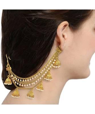 Jewel Farm Gold Plated Bahubali Inspired Three Layered Pearl Ear Chain For Women 1