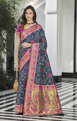 Navy blue woven silk saree with blouse 1
