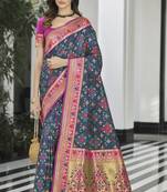 Navy blue woven silk saree with blouse