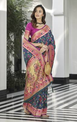 Navy blue woven silk saree with blouse 2