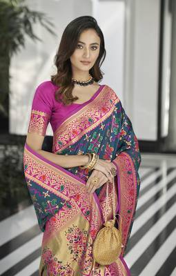 Navy blue woven silk saree with blouse 3