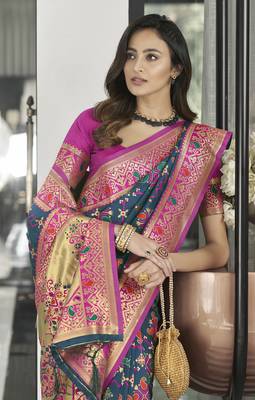 Navy blue woven silk saree with blouse 4