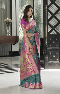 Green woven silk saree with blouse 2