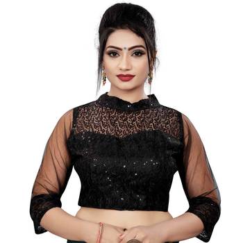 Himalay FashionBand Collar Embriodered Black Color 3/4 Sleeve Blouse For Saree 1