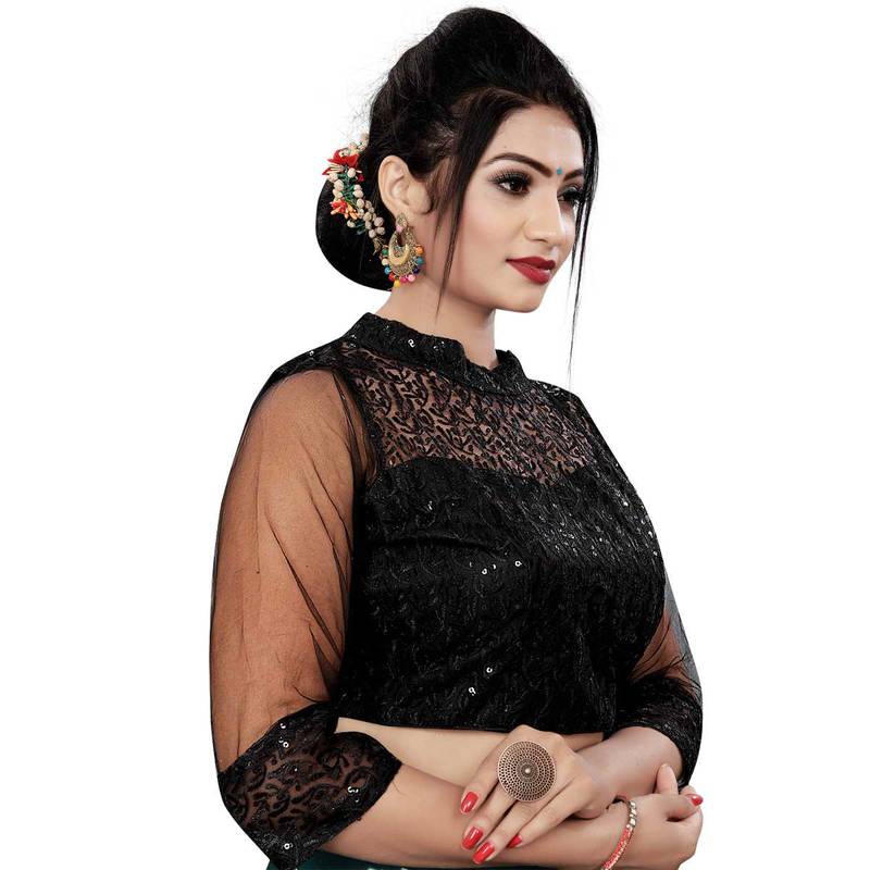 Himalay FashionBand Collar Embriodered Black Color 3/4 Sleeve Blouse For Saree