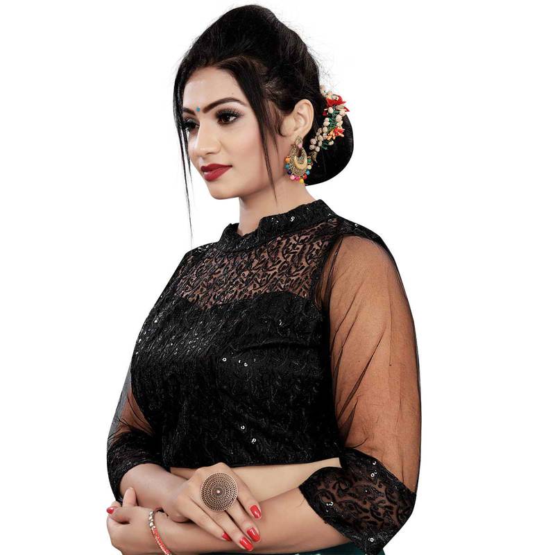 Himalay FashionBand Collar Embriodered Black Color 3/4 Sleeve Blouse For Saree