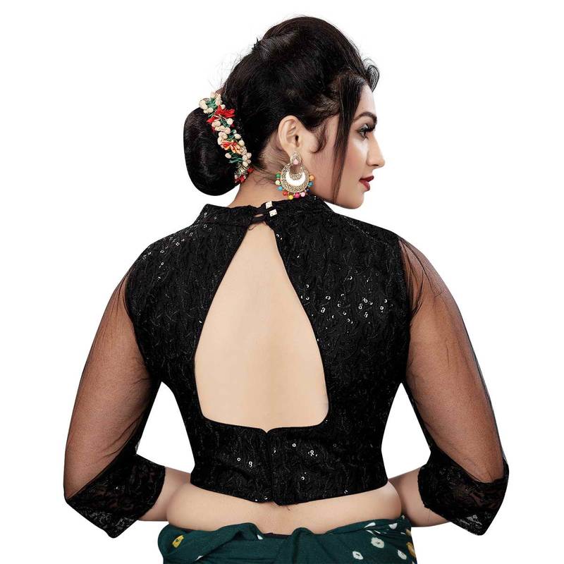 Himalay FashionBand Collar Embriodered Black Color 3/4 Sleeve Blouse For Saree