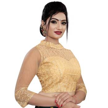 Himalay FashionBand Collar Embriodered Gold Color 3/4 Sleeve Blouse For Saree 3