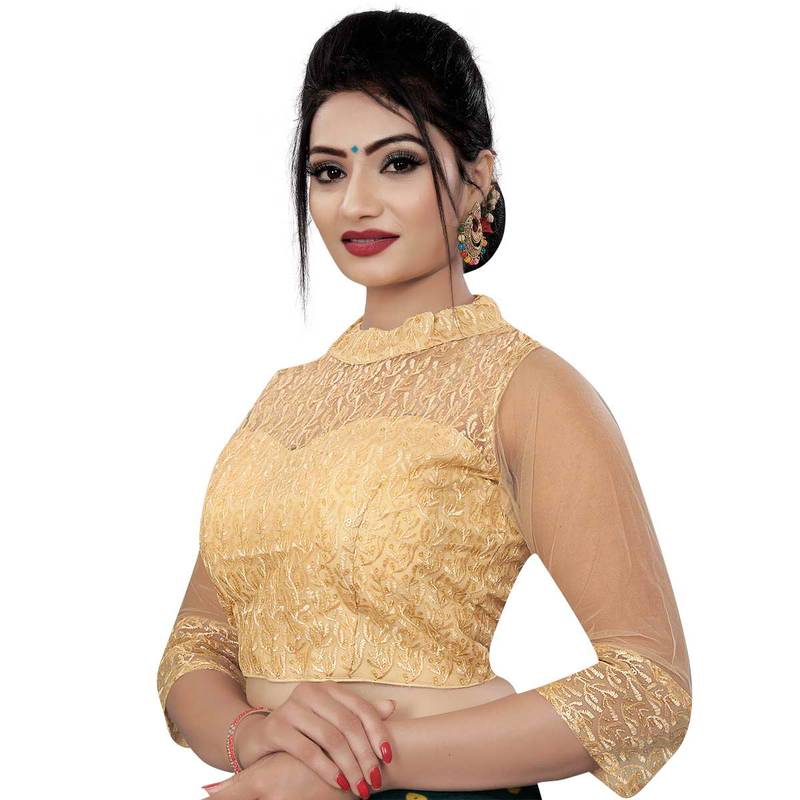 Himalay FashionBand Collar Embriodered Gold Color 3/4 Sleeve Blouse For Saree