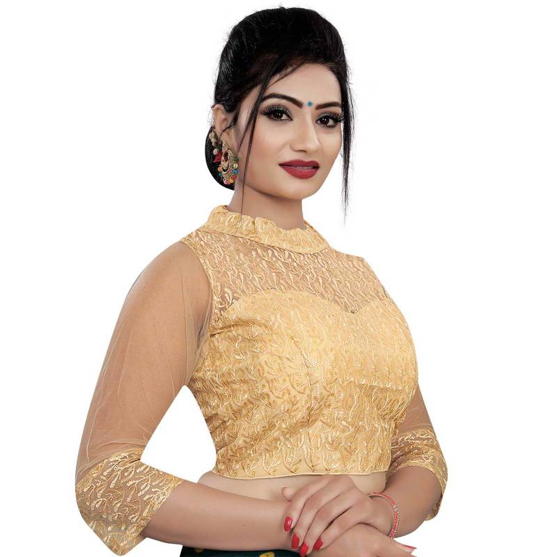 Himalay FashionBand Collar Embriodered Gold Color 3/4 Sleeve Blouse For Saree