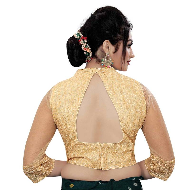Himalay FashionBand Collar Embriodered Gold Color 3/4 Sleeve Blouse For Saree