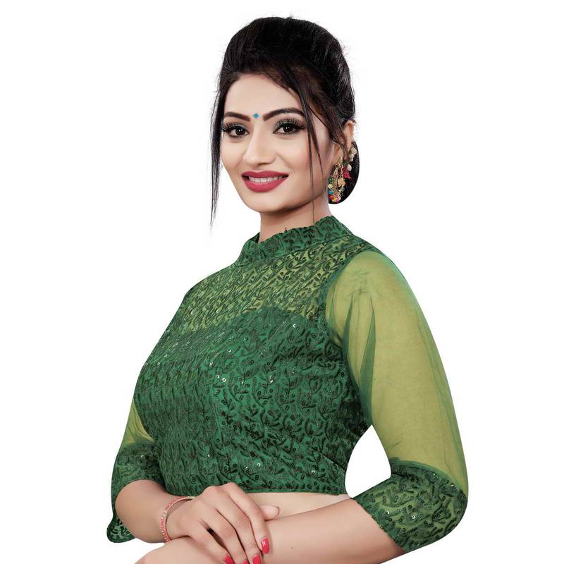 Himalay FashionBand Collar Embriodered Green Color 3/4 Sleeve Blouse For Saree